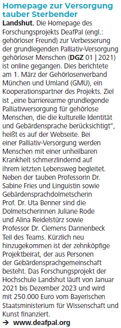 Morgen startet die hybride Vortragsreihe „Kommunikation in der #Palliativversorgung gehörloser Menschen". Hier könnt ihr die News aus unserem Märzheft zum Start der Homepage von DeafPal nachlesen.Alle Infos zur Vortragsreihe und Zoom-Link: deafpal.org/sommer-sonne-v…
