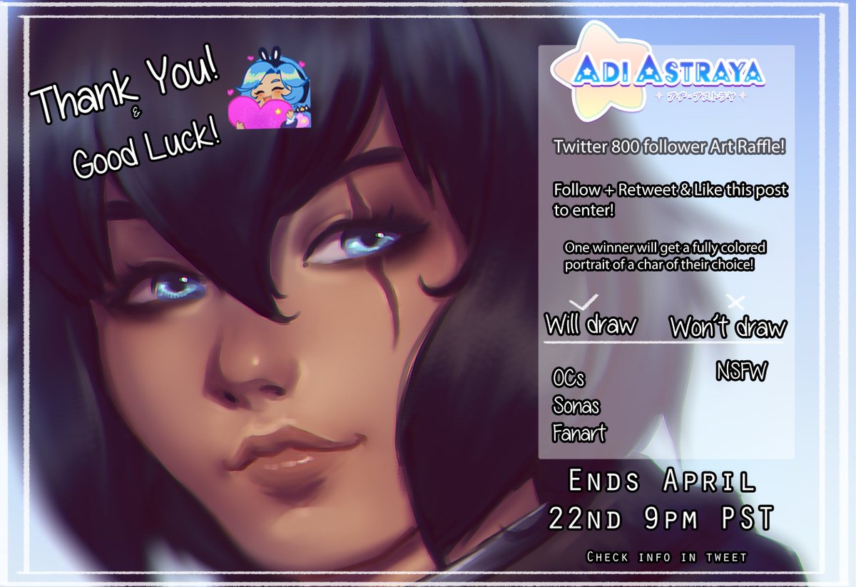 AdiAstraya's tweet photo. In celebration of reaching 800 followers on twitter, I'm currently running an art raffle!! 💫
✨Follow @AdiAstraya 
✨Like + retweet this post
💙GL AND HF💙
#VTuberUprising #Vtuber 
More info in twitter thread ⬇️⬇️⬇️ https://t.co/3XTSRxgfe1