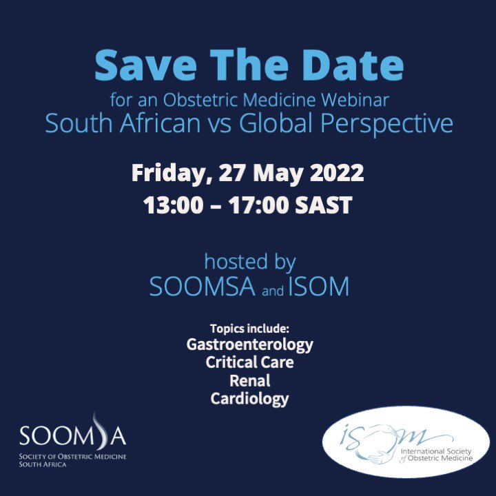 SOOMSA (@obstetricmedsa) on Twitter photo We are delighted to invite you to an online webinar in collaboration with the International Society of Obstetric Medicine #ISOM.
Block your diaries, tell your friends.
<a href="/LizemarieWium/">Lizemarie Wium</a> <a href="/JZamps/">Jarrod Zamparini</a> <a href="/asho239/">Ayesha Osman</a> <a href="/luchell39721679/">luchelle</a> <a href="/KenChenster/">Kenneth Chen</a> <a href="/StephenLap/">Stephen Lapinsky</a> <a href="/salowstein/">Sandra Lowe</a> <a href="/Edbuggie/">Edward Buga</a> We are delighted to invite you to an online webinar in collaboration with the International Society of Obstetric Medicine #ISOM.
Block your diaries, tell your friends.
<a href="/LizemarieWium/">Lizemarie Wium</a> <a href="/JZamps/">Jarrod Zamparini</a> <a href="/asho239/">Ayesha Osman</a> <a href="/luchell39721679/">luchelle</a> <a href="/KenChenster/">Kenneth Chen</a> <a href="/StephenLap/">Stephen Lapinsky</a> <a href="/salowstein/">Sandra Lowe</a> <a href="/Edbuggie/">Edward Buga</a>