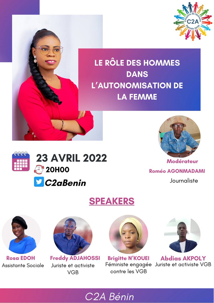 C2aBenin's tweet photo. Hello fam. Nous espérons que vous entamez une excellente semaine. Nous avons une petite question pour vous☺️: quel est le rôle des hommes dans l’autonomisation de la femme? Rendez-vous le 23 Avril à 20h pour un Twitter Spaces autour de la question. https://t.co/lDFIULW8bO