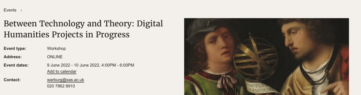 Louisa McKenzie (@louisamckenzie) on Twitter photo So excited to be organising this upcoming workshop with <a href="/RheaganMartin/">Rheagan Martin</a>, online <a href="/Warburg_News/">The Warburg Institute</a>. We have an AMAZING line-up of panellists to help us navigate an extended discussion of #digitalhumanities projects in progress.
Find out more and book for free: warburg.sas.ac.uk/events/digitalโฆ So excited to be organising this upcoming workshop with <a href="/RheaganMartin/">Rheagan Martin</a>, online <a href="/Warburg_News/">The Warburg Institute</a>. We have an AMAZING line-up of panellists to help us navigate an extended discussion of #digitalhumanities projects in progress.
Find out more and book for free: warburg.sas.ac.uk/events/digitalโฆ