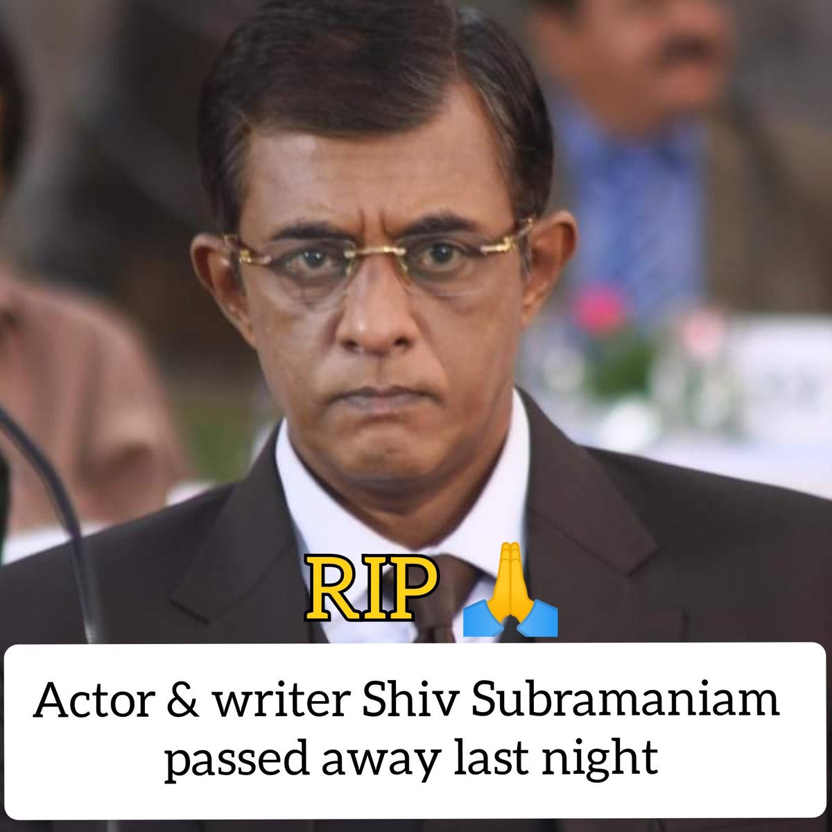 Actor and screenwriter #ShivSubramaniam passed away last night

He wrote #Parinda, 1942 A Love Story, Is Raat Ki Subah Nahi, #Chameli & Hazaaron Khwaishein Aisi

As an actor he did Prahaar, DrohKaal, Kaminey, #2States, #Hichki, Tu Hai Mera Sunday & Meenakshi Sundareshwar

RIP 🙏