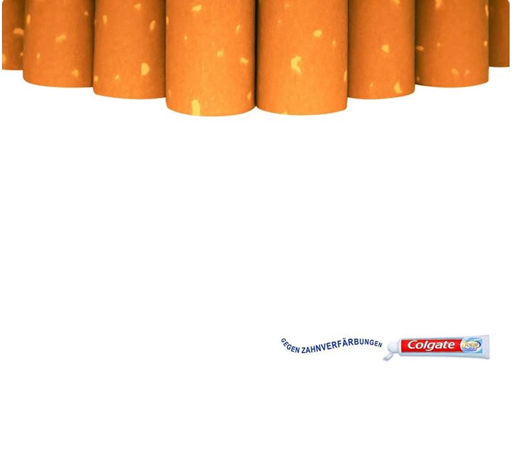 TeesideJ's tweet photo. Rather than showing how white Colgate makes their teeth, Young &amp; Rubicam featured the problem itself rather than the solution. Replacing teeth with their enemies, including teeth-staining substances like cigarettes, coffee beans, and tea bags. 

#colgate https://t.co/ML0ZNT3ndg