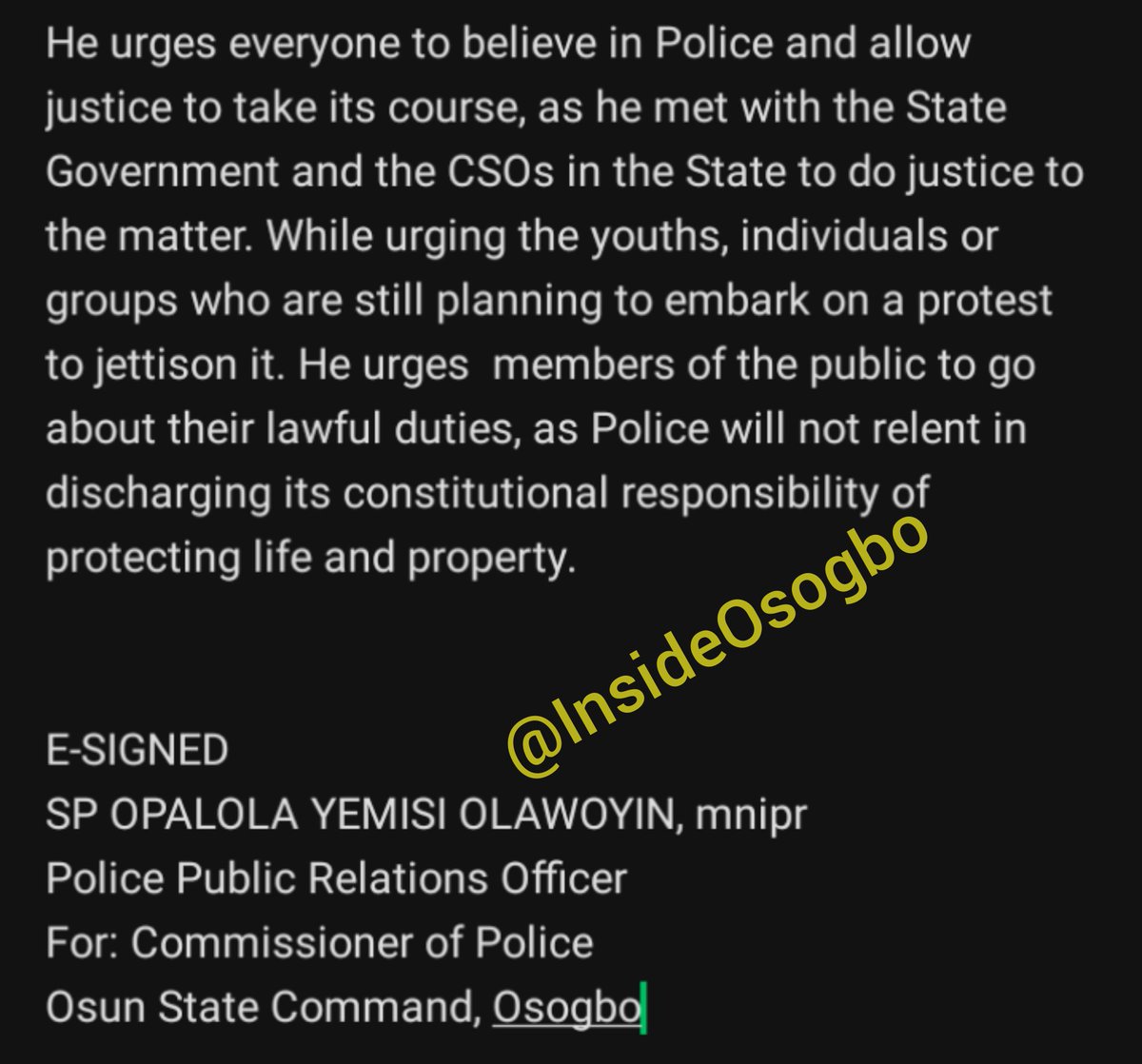 #JusticeforAbiola: Ọ̀sun PPRO Releases another Statement.

#JusticeforAbiola