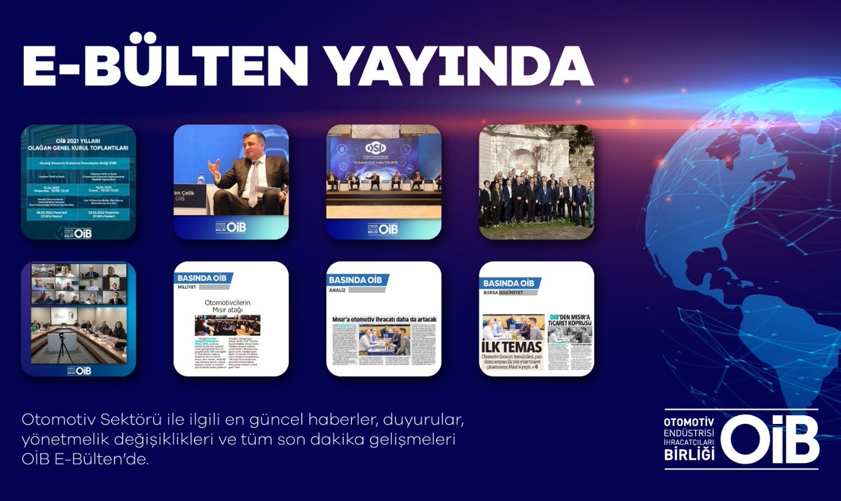 oibkurumsal's tweet photo. #Otomotiv endüstrisi #ihracat ailemize yönelik en güncel #haberler, başta devlet destekleri olmak üzere tüm #duyurular, ülkelere yönelik #tanıtım ve #yatırım fırsatları, #fuarlar, etkinlikler, sektörel #eğitim - #seminer bilgilendirmeleri e-bülten’de.
➡️ https://t.co/ScyvoGAT8O https://t.co/658UzkWSLi