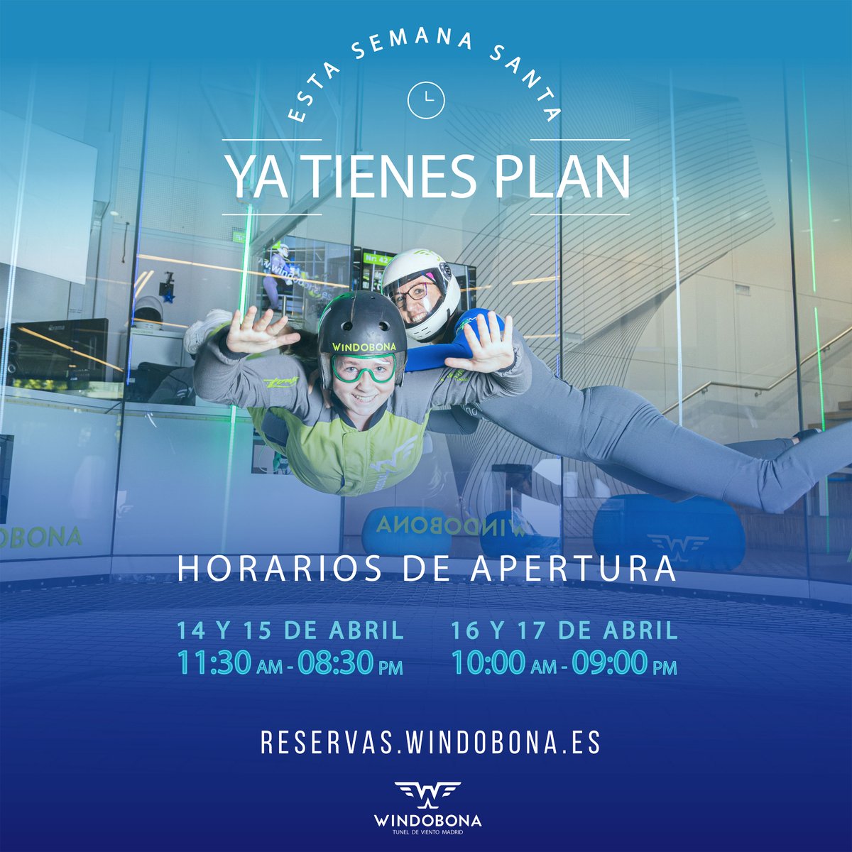 Elysaez's tweet photo. Feliz lunes volador! Todavía estás a tiempo de reservar tu #plan de #semanasanta? 🔥🔥 Del 14 al 17 de abril ampliamos nuestros horarios de apertura para que puedas #volar mucho y vivas una #experienciaunica. Elige tu pack de vuelo y reserva que ¡vuelan! https://t.co/O9NQWQld3b https://t.co/8vt4LQ56gq