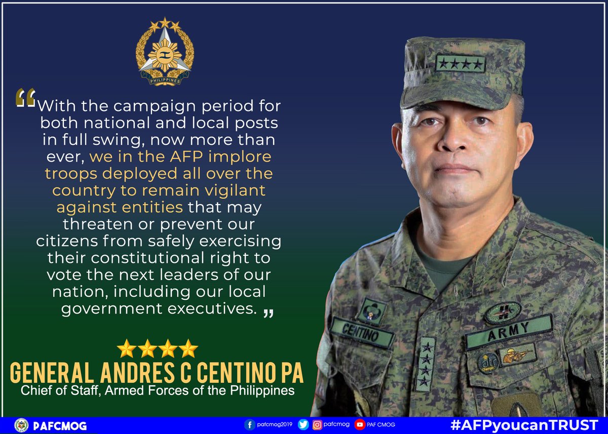 Basahin: Mensahe ni AFP Chief of Staff Gen Centino ukol sa posisyon ng Sandatahang Lakas ng Pilipinas ngayong papalapit na eleksyon.

#AFPyoucanTRUST