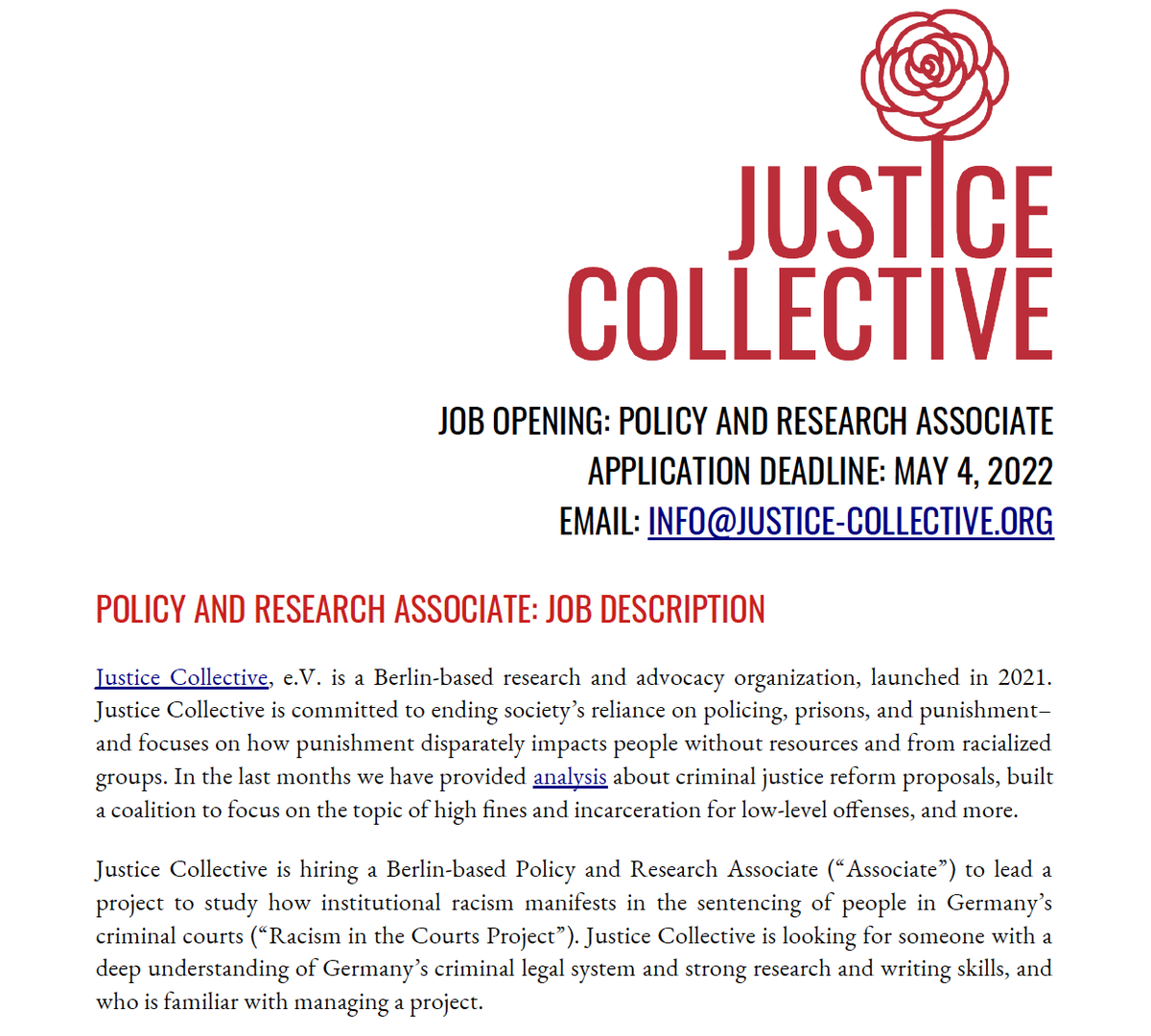 Du willst die deutsche Strafjustiz wissenschaftlich untersuchen *und* dich für ein gerechteres System einsetzen – glaubst aber, dass der Job nicht existiert? Think again! Wir suchen eine Mitarbeiter*in:
Deadline 4. Mai | Beginn im Juli | Projekt 3 Jahre. justice-collective.org/en/justice-col…