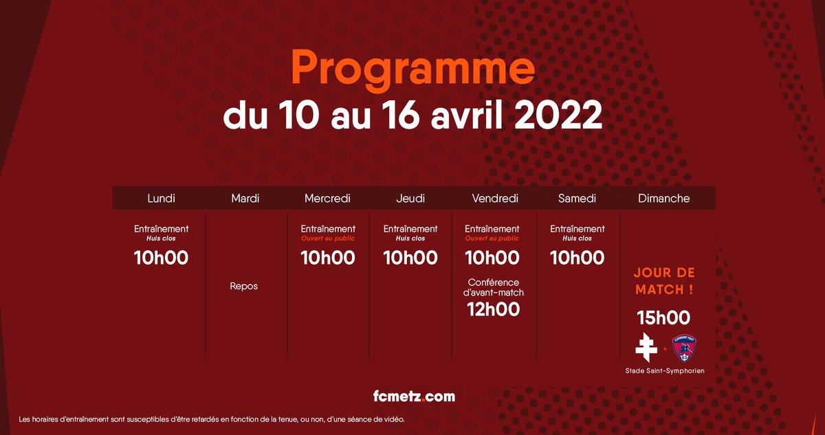 FCMetz's tweet photo. [ ℙ𝕣𝕠𝕘𝕣𝕒𝕞𝕞𝕖 ]

🗓 Le planning de la semaine de l’équipe pro 👇 https://t.co/9HBa5HyNAp