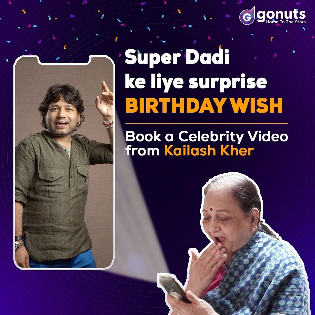 gonuts_dotcom's tweet photo. Dadi will go “Deewani” with a video message from Kailash Kher, this Birthday. Surprise her, book now: https://t.co/Za2wYt7HMH

#GoNuts #NothingElseMatters #HomeToTheStars #Celebrity #CelebrityShoutouts #Celebs #PersonalisedGifts #Gifting #Bollywood #KailashKher #kailashkherfans https://t.co/4G0FtYchM5