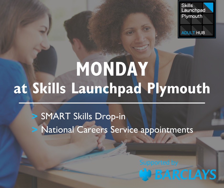 Drop-in TODAY to #BarclaysPlymouth to meet the team from #SMARTSkills between 10am and 4pm. There are lots of free courses available. For more info 👉ow.ly/J4GC50IG9Hf
#SkillsLaunchpadPlymouth 
#JoiningTheDots