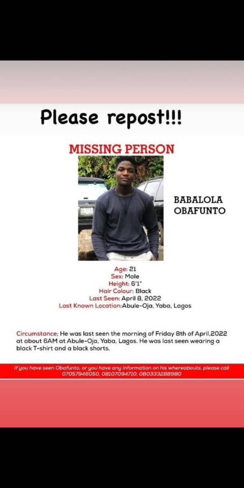 Missing! Missing! Missing! Please!!! if found, contact the number on the flyer. Please help us find our son, brother,friend..
Ambode , Pastor , #OsinbajoDeclares help find our brother , jagaban , RCCG #MISSING