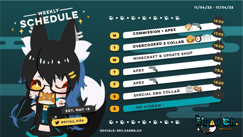 Riyou_Kisa's tweet photo. Its been a month from my last made schedule π¦π¦π¦
Riyou had a lotta hiccups but have a plan for the week π
#VtuberEn #singapore #SGVT #supportlocal #vtubersuprising #singaporestreamers #twitch #twitchstreamers #RKain #fps https://t.co/fleIiKNkCy