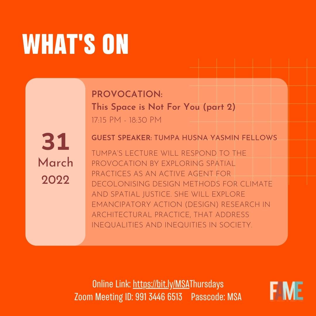 collective_fame's tweet photo. ONLINE EVENT hosted by @praxxis_f @TheMSArch @MSArch_Research available to watch here: https://t.co/DjRMFjgZGg

Our founder @Tumpa_Fellows gave a lecture exploring spatial practices as an active agent for decolonising design methods for climate and spatial justice. https://t.co/pbZEtzSj0l