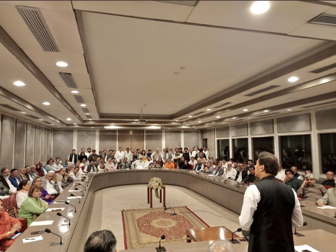 PTIofficial's tweet photo. Chairman PTI @ImranKhanPTI addressing the Parliamentary Party Meeting at Parliament House Islamabad. #امپورٹڈ_حکومت_نامنظور https://t.co/gOiJRPBVQi