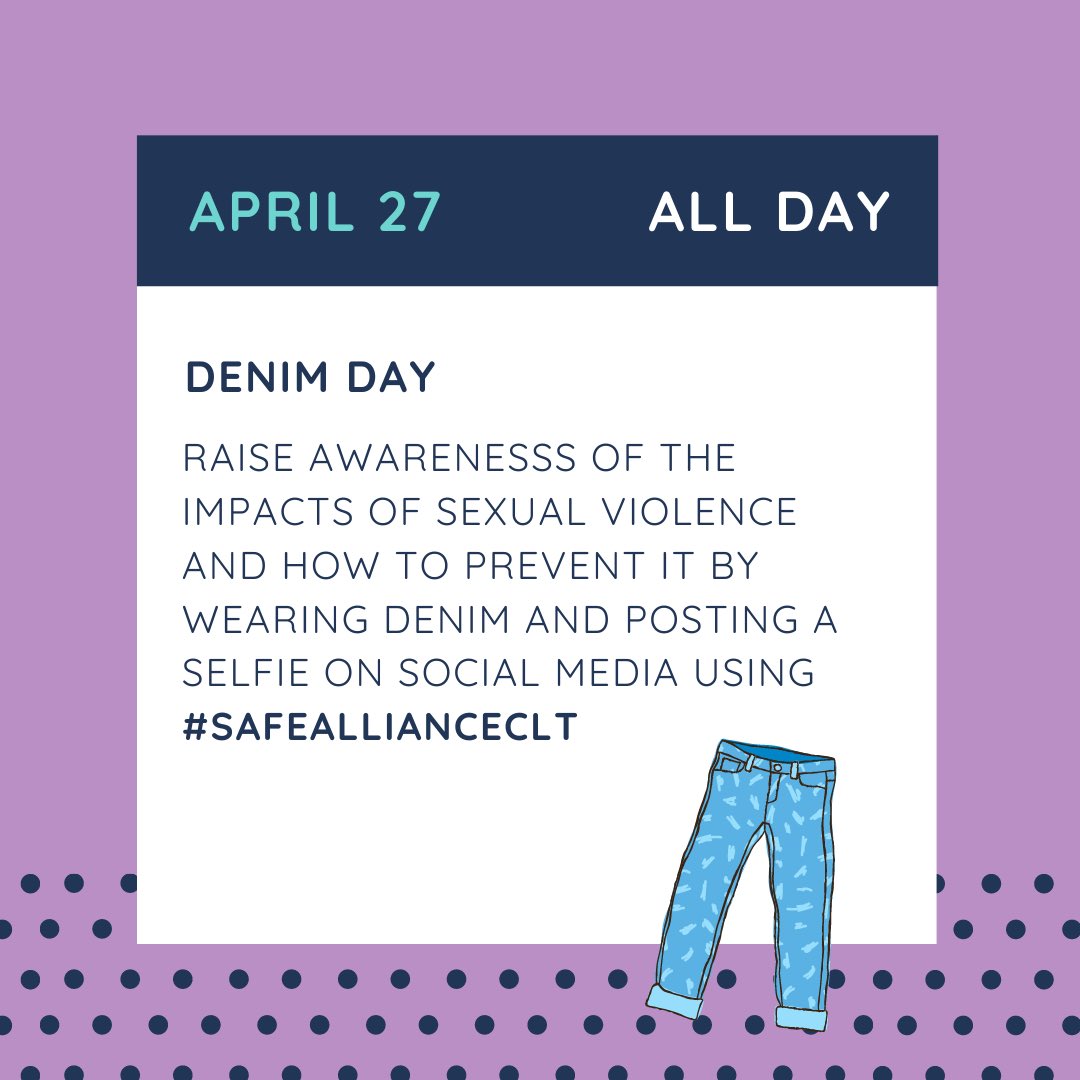 Wear your favorite #denim—clothes, accessories—on 4/27 for #DenimDay to raise awareness about the devastating impact of #sexualviolence and prevention efforts. Tag us and we’ll share your photos! Learn more at denimdayinfo.org. #SafeAllianceCLT #SAAM #SAAM2022