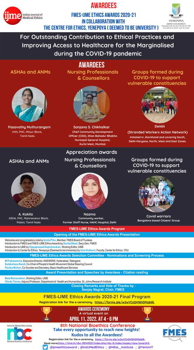 Outstanding Contribution to Ethical Practice &amp; Improving Access to Healthcare for the Marginalized during the COVID-19 pandemic at 4.00pm today

Awardees: rb.gy/nv8ipi
Registration link: rb.gy/qmhtei
Award Ceremony prog: rb.gy/dj2mrn
