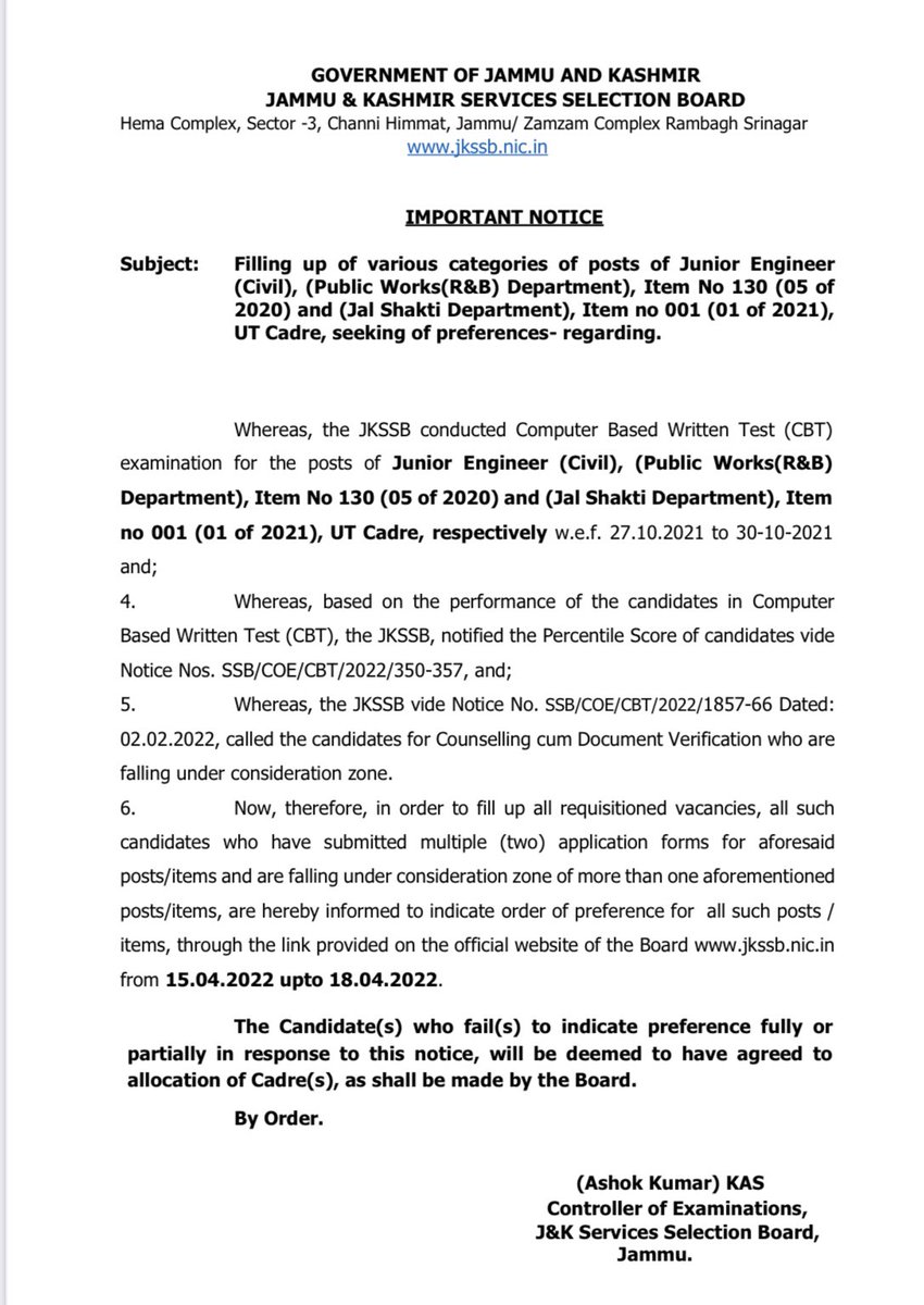 JKSSB seeks order of preference from candidates for Junior Engineer posts.
