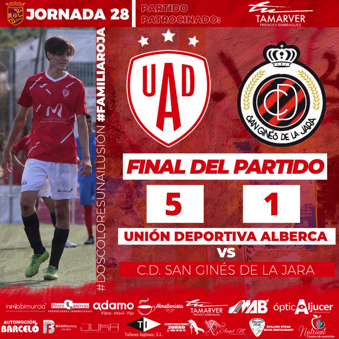 ➕3️⃣ puntos ✅✅

11 victorias en 13 jornadas de la segunda vuelta 😍😍

⚽ 5-1 (Adrián Ballesta x2, Quique Pina x2 y Manu Peñas) en el Polideportivo Municipal de La Alberca.

🤝 Partido patrocinado por TAMARVER

#DosColoresUnaIlusión #FamiliaRoja⚽❤️