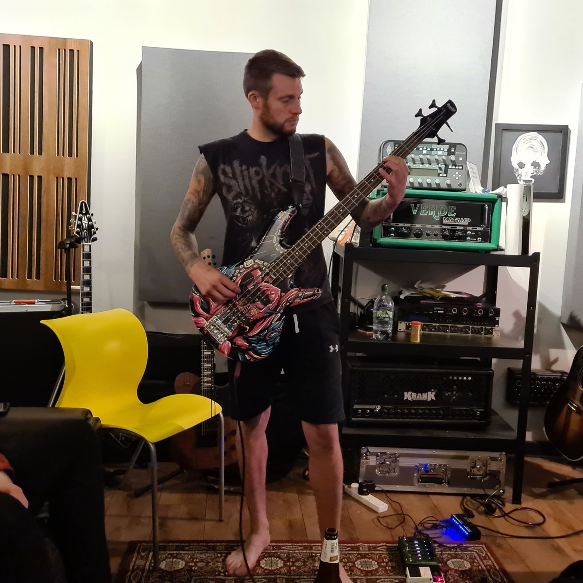 The final track from our EP will be released this Friday. In the meantime enjoy this pic of <a href="/_army666/">James Armitage</a>  at <a href="/noiseboystudio/">Noiseboy Studios</a>.
distrokid.com/hyperfollow/gr…
#GrandElder #presave #noiseboy #recording #newrelease #newmusic #landslide #bass #bassist #stoner #stonermetal #occultmetal