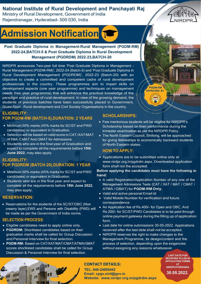 Admission Notification- Post Graduate Diploma in Rural Development Management- 2022-24