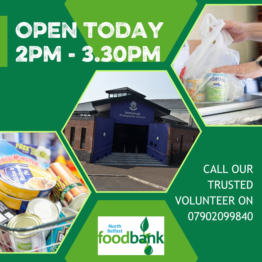 We are open as normal this week with our distribution centre at Immanuel Church from 2pm today.

Contact our trusted volunteer on 07902 099 840 and we will do our best to get you the help you require.

#northbelfast #foodbank #foodbanknearme #support #northbelfastfoodbank