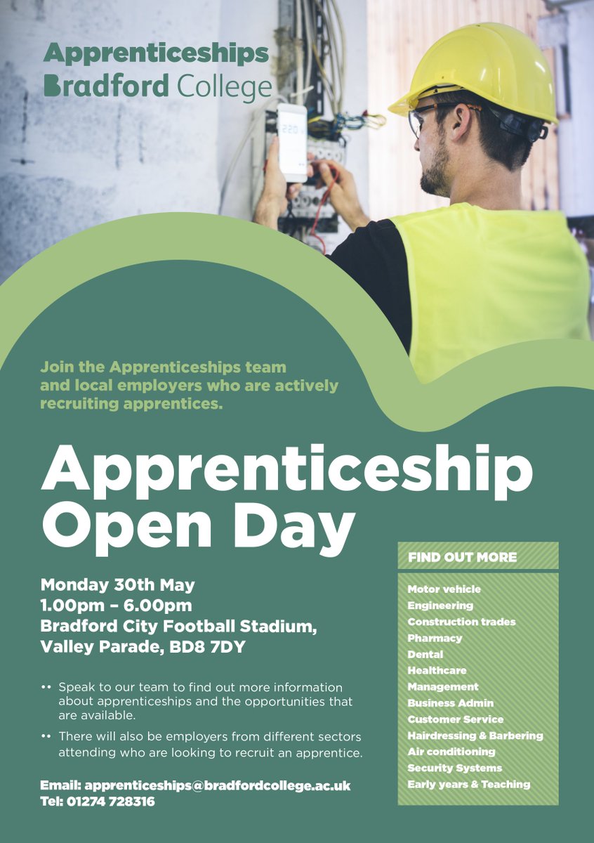Apprenticeship open day alert! On the 30th May we are holding our Apprenticeship open day at Bradford City Football Stadium. This is your chance to meet our Apprenticeship team and speak to employers who are actively employing apprentices! ow.ly/ZQMX50IAx3i #Apprenticeships