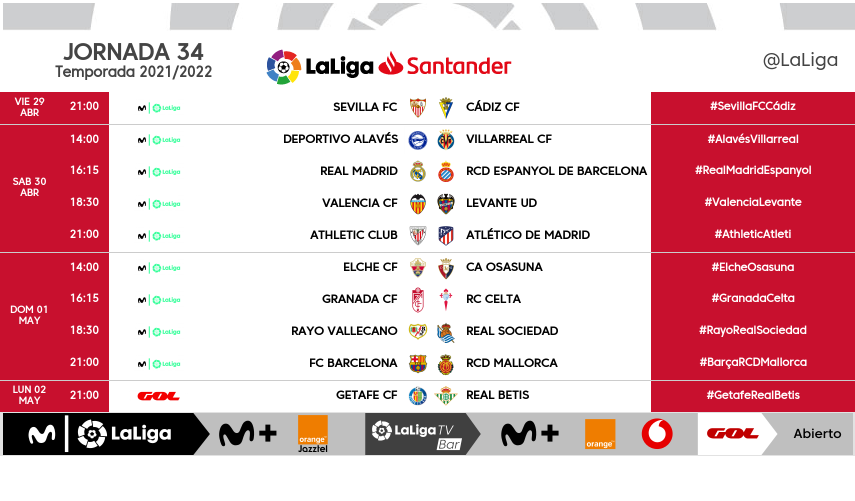 HORARIOS | Consulta cuándo se disputarán los partidos de la jornada 34 de #LaLigaSantander.