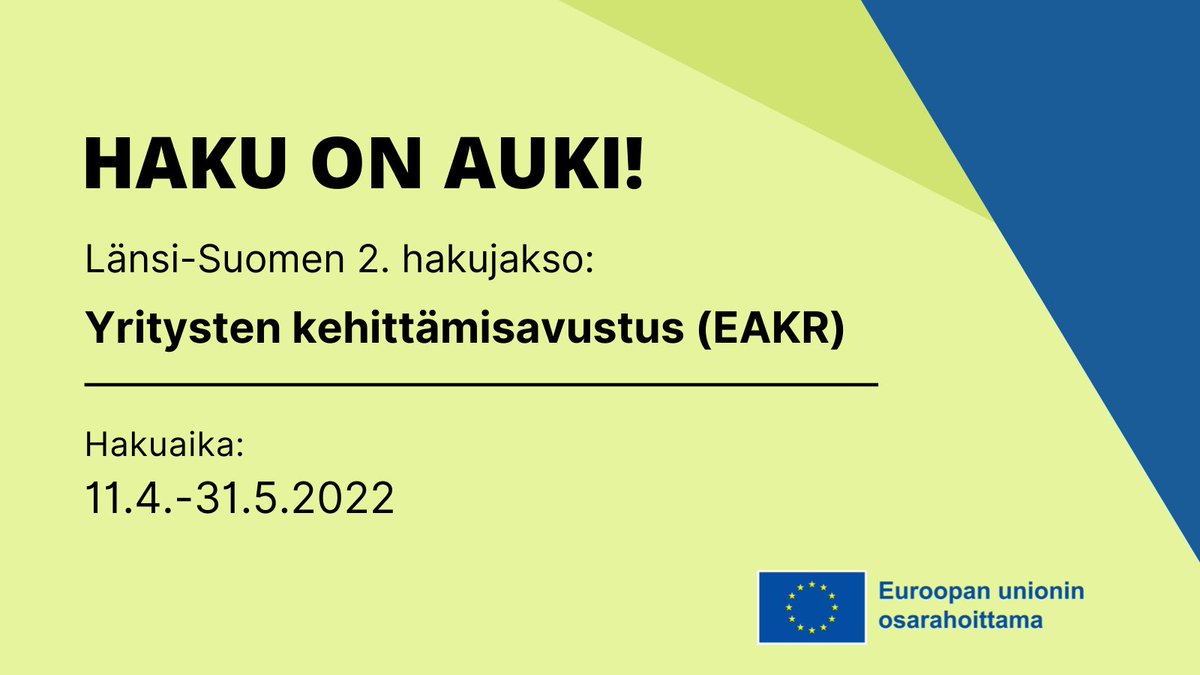 Yrityksen kehittämisavustuksen toinen hakujakso (11.4.–31.5.) on käynnistynyt Länsi-Suomessa! 🙌

Haettavana on yritysrahoitusta maakunnasta riippuen useammasta erityistavoitteesta - tutustu alueesi avoimiin hakuihin:
rakennerahastot.fi/-/yrityksen-ke…