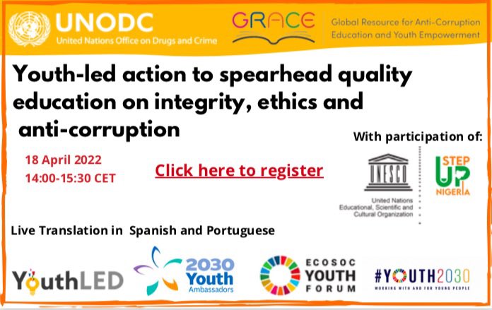 📢 Join <a href="/UNODC/">UN Office on Drugs & Crime</a> to discuss the role of #youth to promote ethics and integrity through quality education
When: 1⃣8⃣ April 2022, 2-3.30 pm CET
Where: #ECOSOC Youth Forum side event
How: ➡️ forms.gle/aw3qeAmf4eFWtY…

#SDG4 #SDG16 #UNESCO #Youth2030