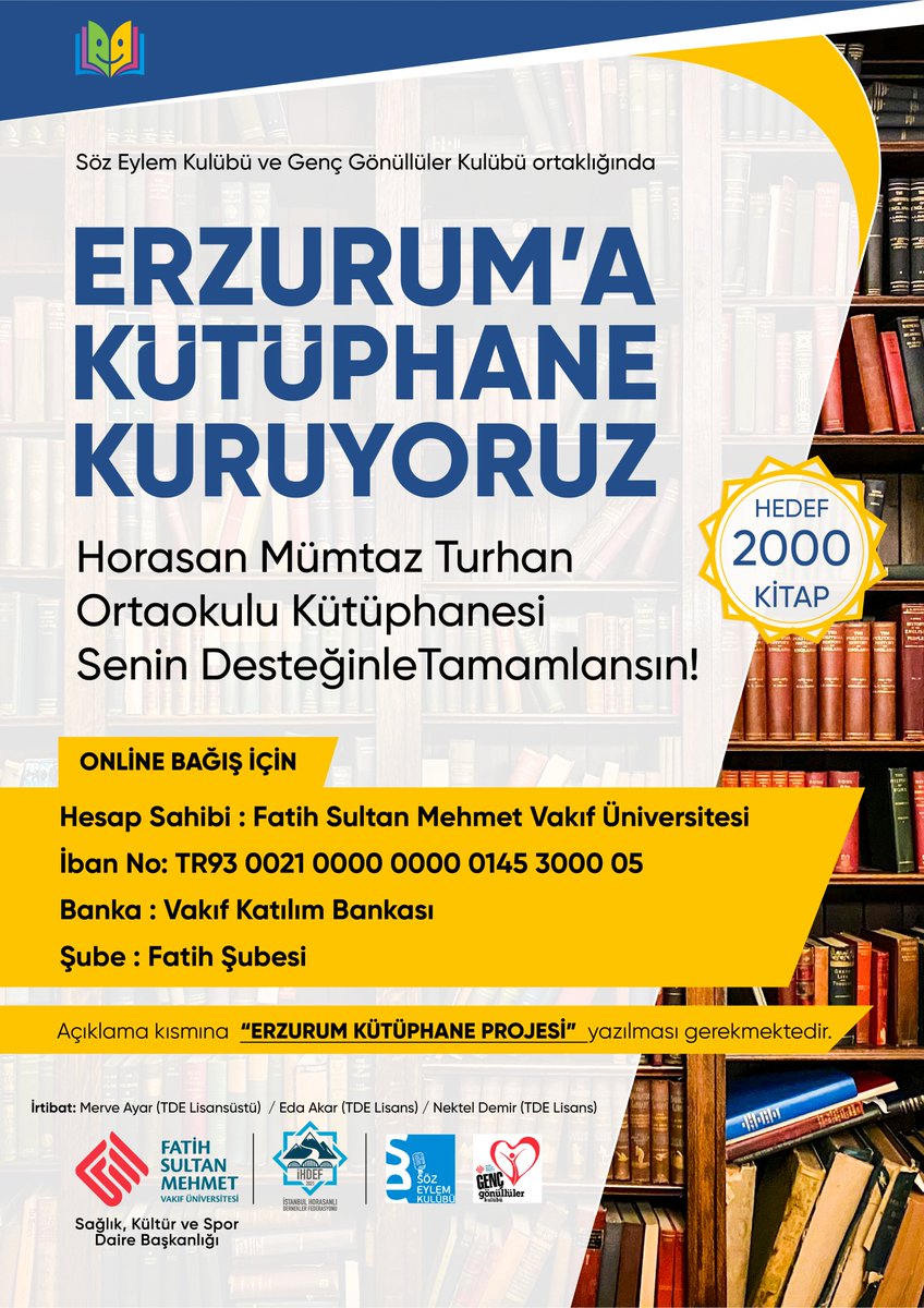 Fsmvusks's tweet photo. Genç Gönüllüler ve Söz Eylem Kulüpleri, Erzurum Horasan Mümtaz Turhan Ortaokulu'na kütüphane kurmak için harekete geçti. 

2000 kitabın hedeflendiği kampanyaya, nakdi destek veya kitap bağışında bulunabilirsiniz.📚🤗👏

@fsmvu 
@GencFsmvu https://t.co/rZ10xGikOH