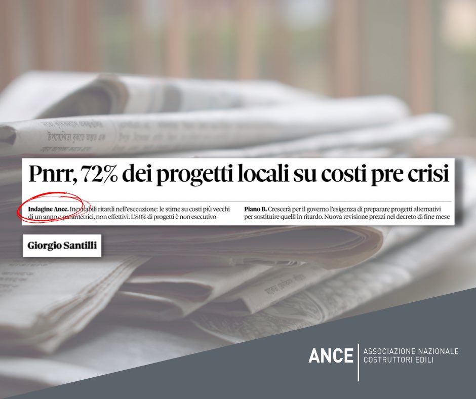 #Pnrr: il 72% dei progetti locali non è stato aggiornato rispetto al #caroprezzi. Serve un piano B. I dati allarmanti dell’indagine #Ance sul <a href="/sole24ore/">IlSole24ORE</a> nell’articolo di <a href="/giorgiosantilli/">Giorgio Santilli</a>
