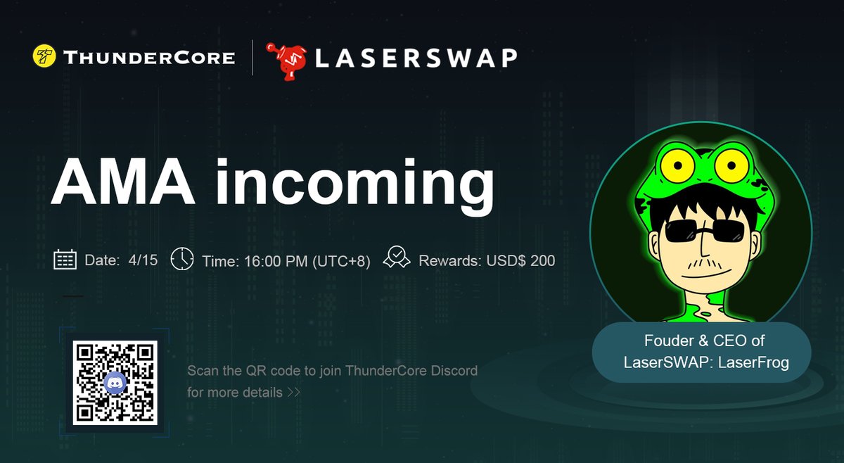⚡️Thunders! 🚀Incoming #AMA with <a href="/Laser_Swap/">LaserSwap</a> on our Discord🎉

📅2022/4/15 16:00 UTC+8
🎁Pick 6 questions to distribute USD$200 in $TT for 6 people

🏆3 Q’s on Twitter: Comment your question below  + Wallet Address to receive rewards

🏆3 Q’s on Discord during the AMA event