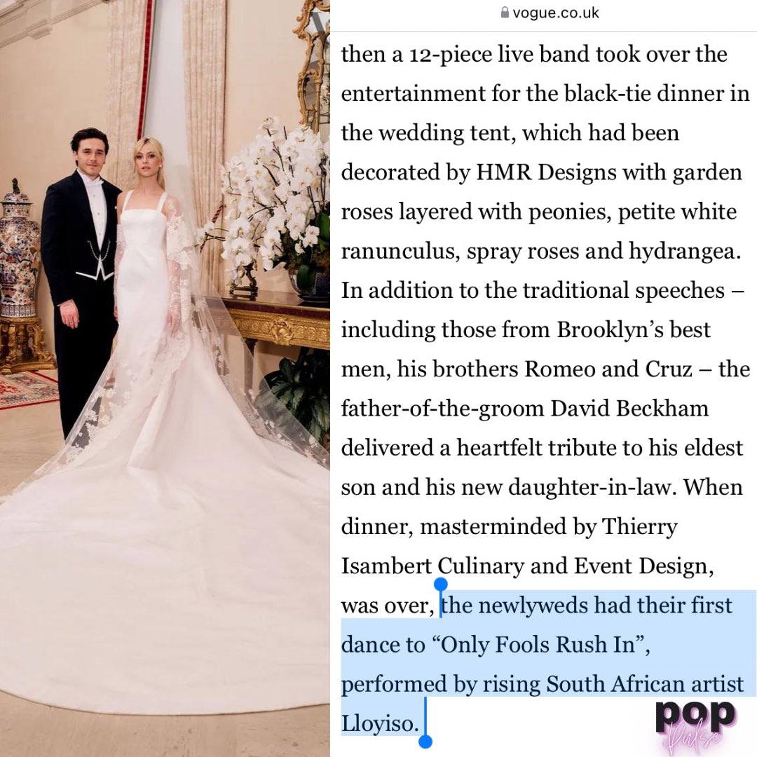 PopPulseSA's tweet photo. According to Vogue UK, SA singer Lloyiso performed at Nicola Peltz (daughter of billionaire Nelson Peltz) and Brooklyn Beckham’s (son of Victoria and David Beckham) wedding. 

Guests included Venus and Serena Williams, Eva Longoria, and more! https://t.co/knJ1gH73Ao