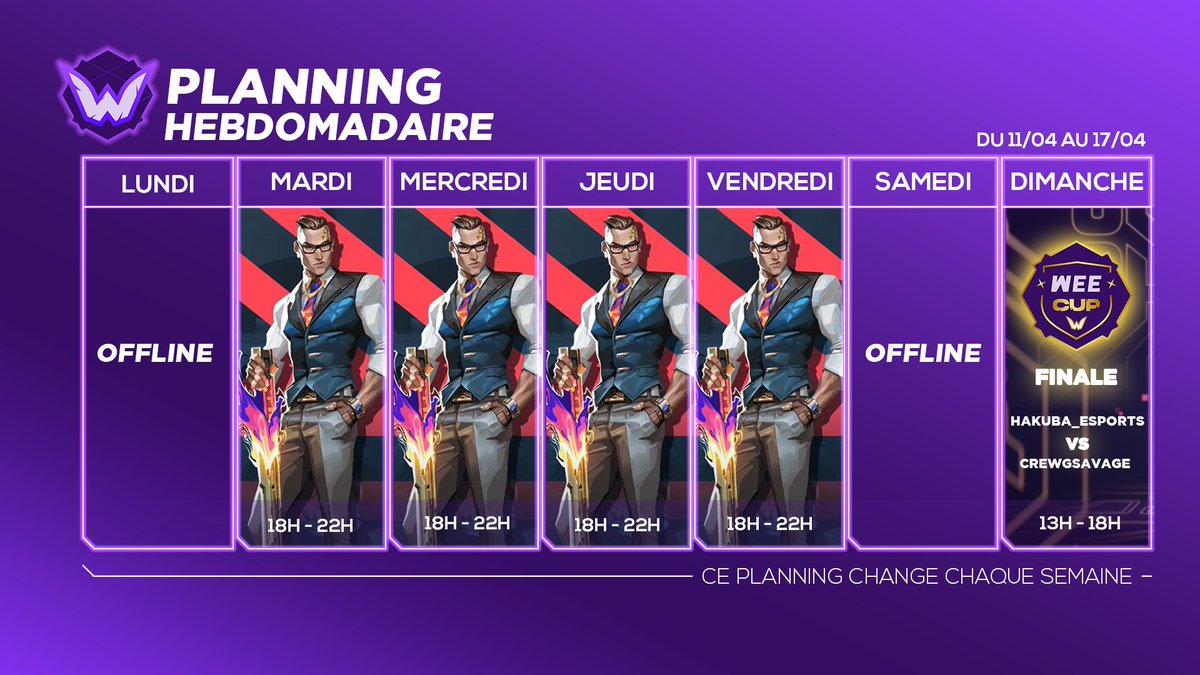 WeeFuZ's tweet photo. #Valorant #weecup #twitch
Planning de la semaine sur Twitch 📅
Du Valorant, ça ne change pas 👀
Dimanche 17 avril | @HAKUBA_Esports VS CrewGSavage pour 500 euros de cashprize 🏆
Rendez vous sur twitch : https://t.co/Juk55dByen https://t.co/IxkZ5PBpVi
