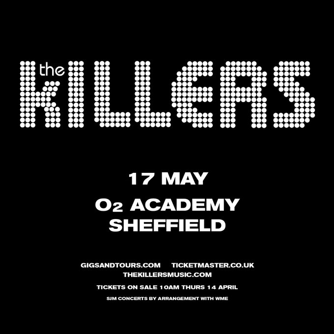 EventHotelsLtd's tweet photo. RT to win a choice of Tickets &amp; Hotel:
https://t.co/2KYw54R02Z

NEW // Um, WOW. 🤩

Sheffield, are you in for a absolute treat. 
@thekillers have announced an ultra-intimate warm-up show at the @O2AcademySheff !!

Make sure you're here 👇 10am Thurs!
👉 https://t.co/fgvK7wZTJp https://t.co/VcM0owISoP