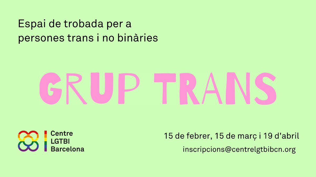 BarcelonaLGTBI's tweet photo. 19/4, de 18 a 20h, nova trobada del #GrupTrans
Un espai per a persones trans i no binàries al @BarcelonaLGTBI
Cal fer inscripció prèvia enviant un correu a inscripcions@centrelgtbibcn.org https://t.co/IiZ4HaDMO1
