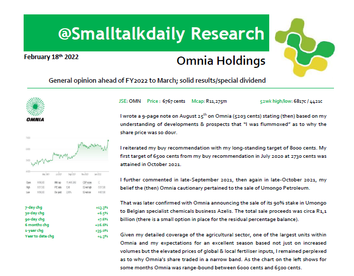 smalltalkdaily's tweet photo. $JSEOMN Omnia made my long-standing R80.00 target (set April 2021 when #OMN R49.12)

#OMN made my prior R65.00 target

TYD #OMN +22%

Market awaits trading update to YE March 2022 &amp; news on what's going to happen to their cash pile; I've made my opinions very clear https://t.co/8q1nDlcFjB