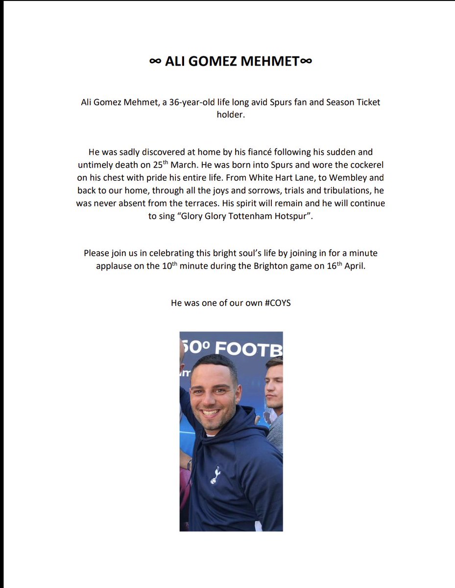 nadhir_c's tweet photo. We lost a brother on Friday 25th March. A Spurs fan for life, a season ticket holder for many years. It would be great if we could get a minute applause going on the 10th minute of Spurs Vs Brighton game to celebrate his life. Please RT 🕊️ #oneofourown #thfc #agm10 https://t.co/jGfSl0O6ad