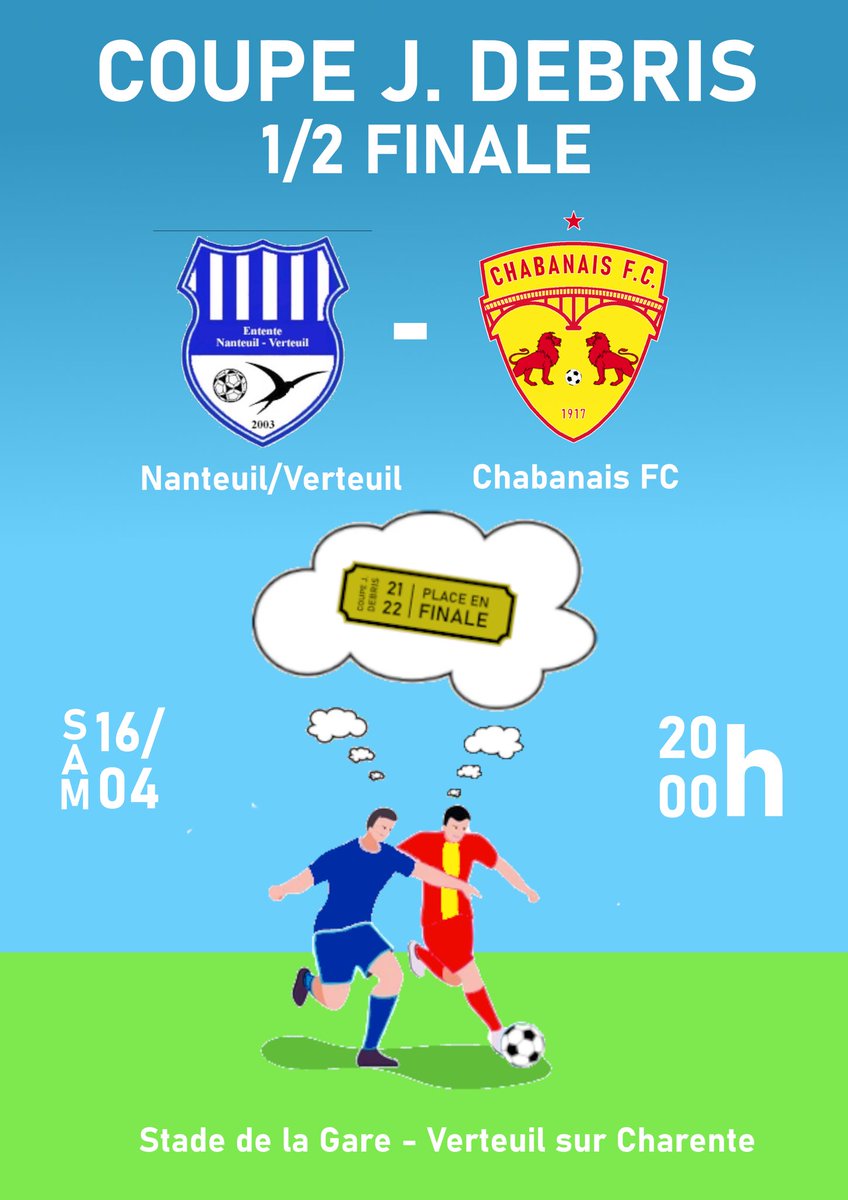 ChabanaisFC's tweet photo. Le Chabanais FC joue sa place en finale ce samedi soir 20h à Verteuil sur Charente face à l’entente Nanteuil/Verteuil ⚽️

Nous aurons besoins de nos nombreux supporters au bord du terrain pour nous encourager 📣 https://t.co/IGgJulbQR2