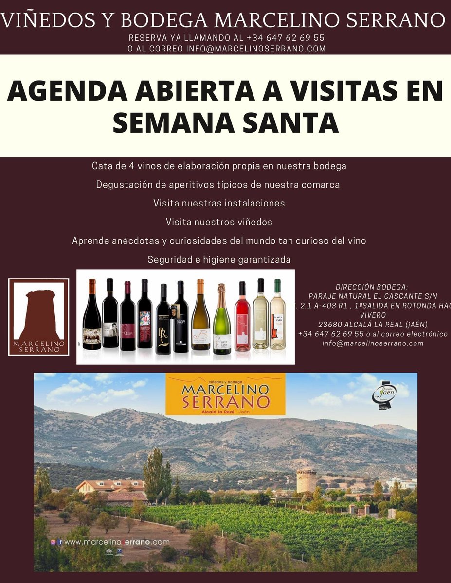 Ya podéis visitarnos en Semana Santa.
Visita la bodega e instalaciones, haz una espectacular cata de vinos de elaboración propia en Jaén y además una degustación de aperitivos típicos de la comarca.
📞¡Llama ya y VISÍTANOS!📞
647626955 o  info@marcelinoserrano.com
¡Os esperamos!