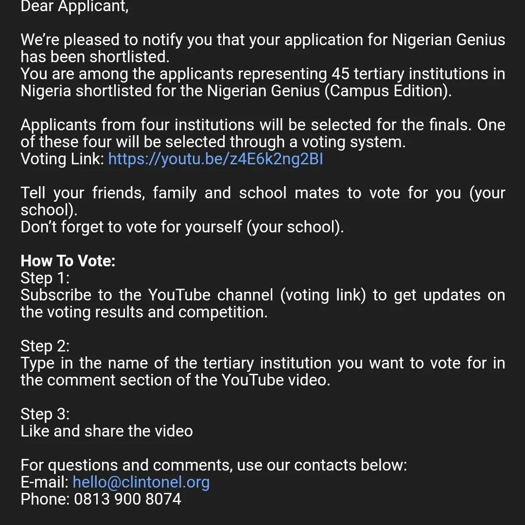 IhejiamatuAnth4's tweet image. Good day everyone! So my team applied for the Nigerian Genius Engineering competition. We were shortlisted to represent UNILAG. However, we need your votes to qualify for the final stage!
1