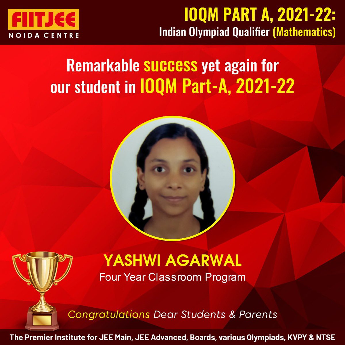 Fiitjee_Noida's tweet image. 🏅Indian Olympiad Qualifier | Maths🏅
We congratulate our student, Yashwi Agarwal for successfully qualifying in #IOQM - Part I (Indian Olympiad Qualifier - Maths). 

We are proud of your success and the glory you have brought to #FIITJEENoida.

#IOQMResult #IOQM2021 #IOQM