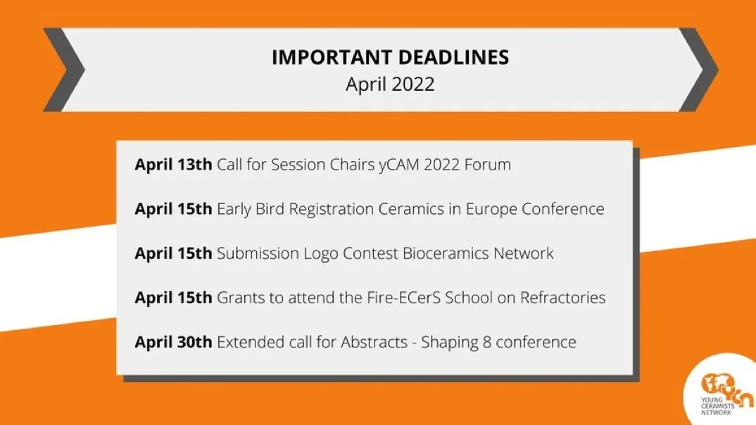 YoungCeramists's tweet photo. ❗️ Important deadlines in April ❗️The whole summary and details are available here: https://t.co/CPK6lXD7Ne
#youngceramists #youngceramist #ecers #JECSTrust #yCAM #yCAM2022 #CeramicsInEurope #Shaping8 https://t.co/ZXZ0JGyzED