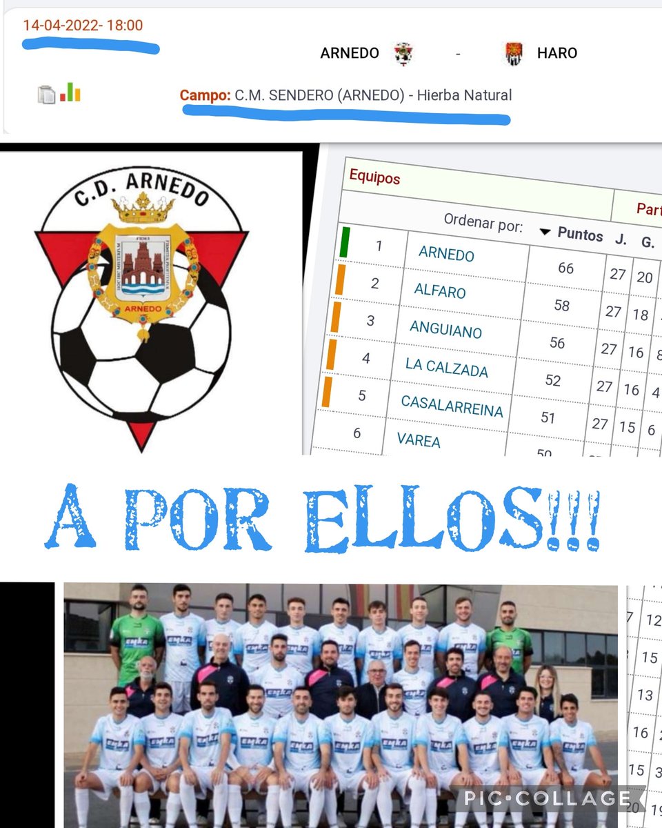 Le queremos desear toda la suerte del mundo al C.D.ARNEDO, que este JUEVES, 14 de Abril, a las 18h, en el C.M.SENDERO, puede conseguir el ascenso directo, ANIMAMOS A TOD@S A QUE VAYAN A APOYAR AL EQUIPO. A por ese puntito que os de la gloria, VAMOS ARNEDO!!!! <a href="/CDArnedo/">CD Arnedo</a>