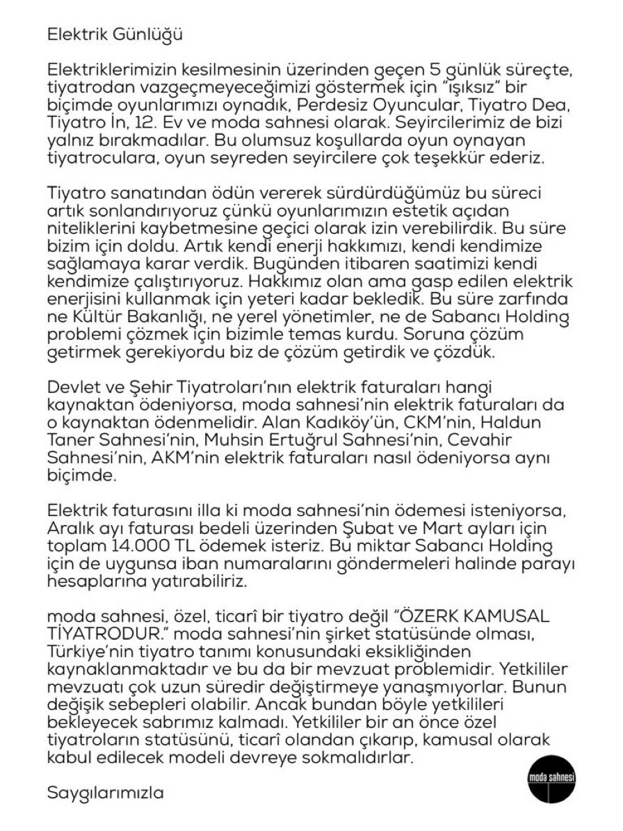 Tiyatro bölümü öğrencilerine duyurulur: Türk Tiyatrosu Tarihi dersinin son bölümünü ileride kitaptan okumak yerine canlı izleyebilir, hatta parçası olabilirsiniz. Dersin sonunda öğreneceklerimiz:
• Kamusal kazanımlar/yitirişler
• Cesaret/ödleklik
• Dayanışmama 
<a href="/modasahnesi/">moda sahnesi</a>
