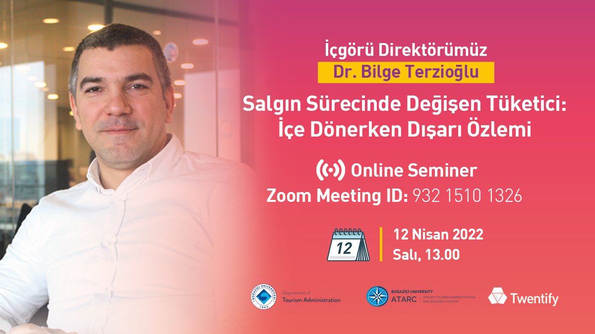 TwentifyTR's tweet image. 🗓️ İçgörü direktörümüz Dr. Bilge Terzioğlu, 12 Nisan Salı günü Boğaziçi Üniversitesi Turizm İşletmeciliği öğrencileriyle buluşuyor!

#Twentify #DecodeHumanMoments #pandemi #boğaziçiüniversitesi