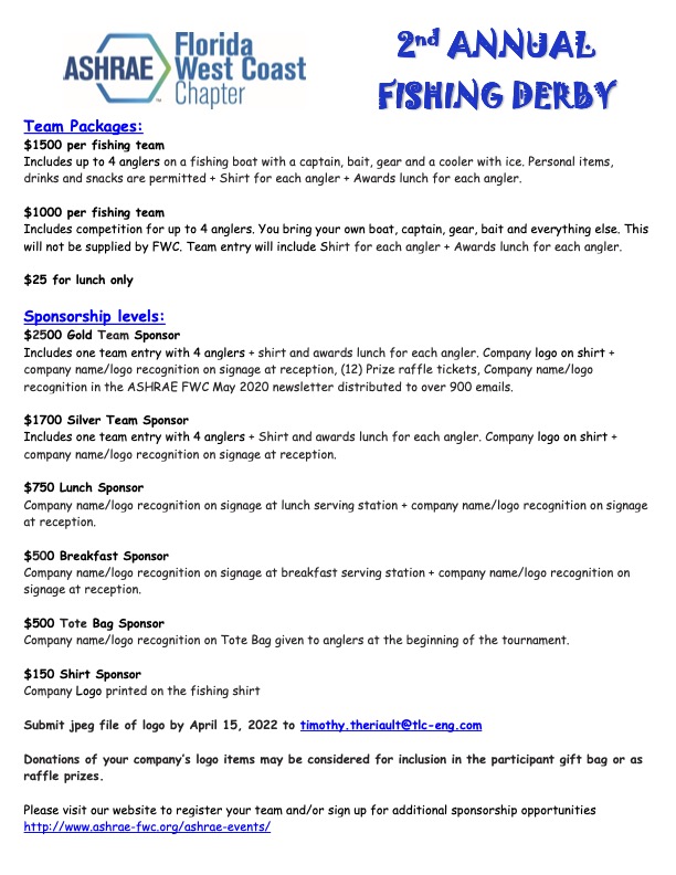 ASHRAE FWC is excited to announce the second annual Fishing Derby!  The Fishing Derby will be held on May 7th, 2022 at the Hula Bay Club. 
Check out flyer below for more info
RSVP here - ashrae-fwc.org/events/ashrae-…