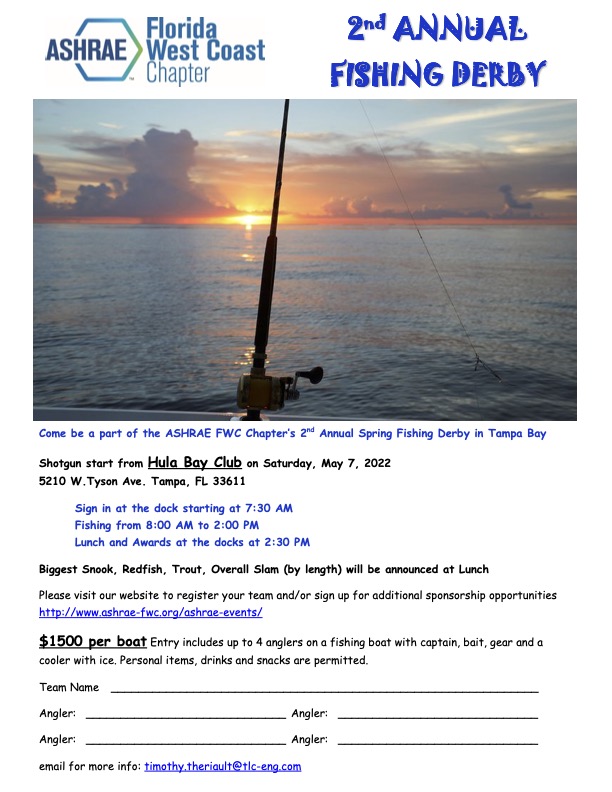 yea_fwc's tweet photo. ASHRAE FWC is excited to announce the second annual Fishing Derby!  The Fishing Derby will be held on May 7th, 2022 at the Hula Bay Club. 
Check out flyer below for more info
RSVP here - https://t.co/hQh694yQXf https://t.co/ei3YshK8hv