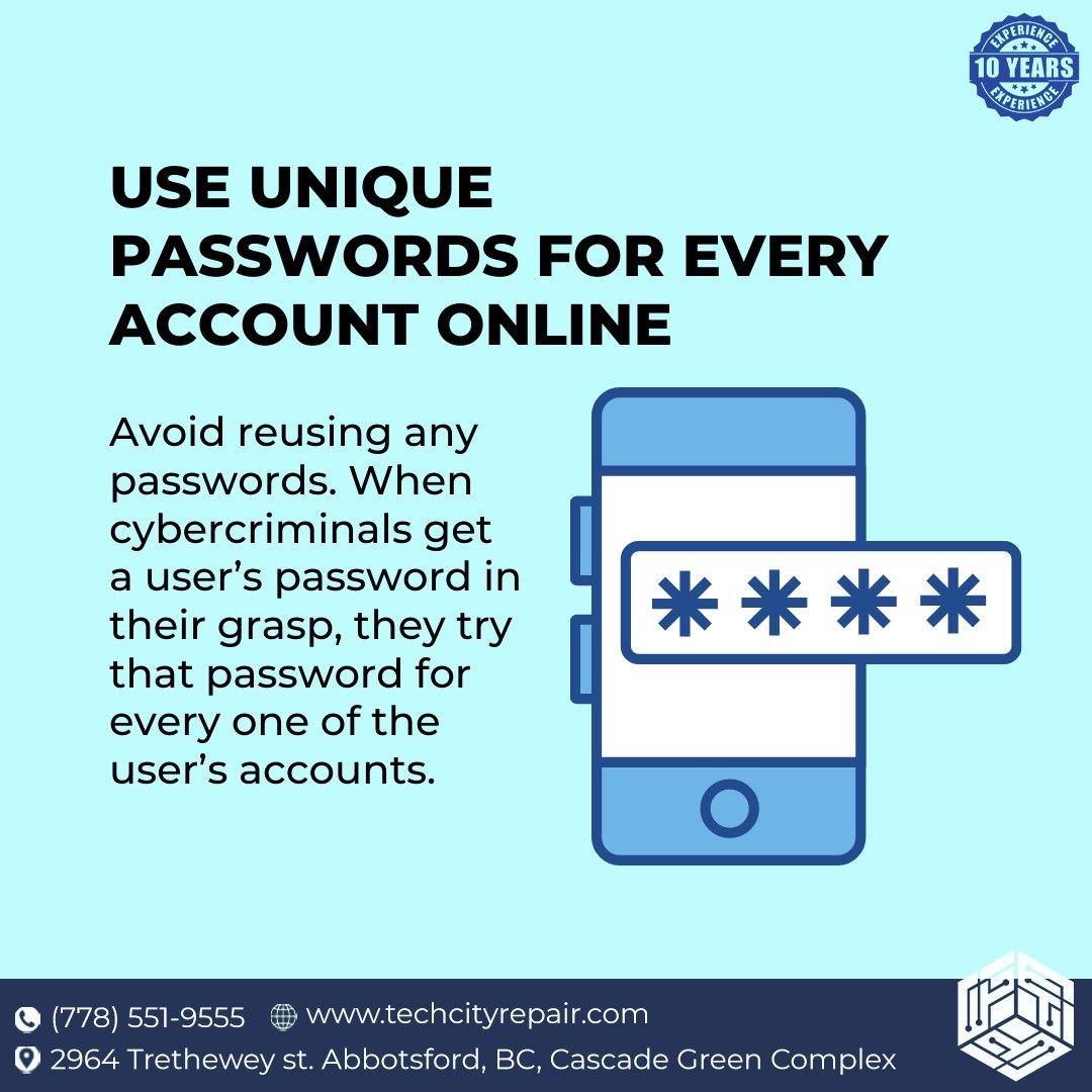 techcityrepair's tweet photo. Avoid reusing any passwords. When cybercriminals get a user’s password in their grasp, they try that password for every one of the user’s accounts. Don’t give them that kind of skeleton key.
#technology #techrepair https://t.co/vezFLTvAX7